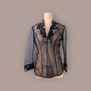 Alex Evenings Sheer Black Floral Jacket Silver floral print Size Small